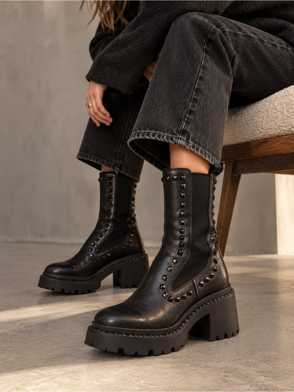 ASH Nico Bis Studded Leather Platform Boots Black EU 36 / US 6